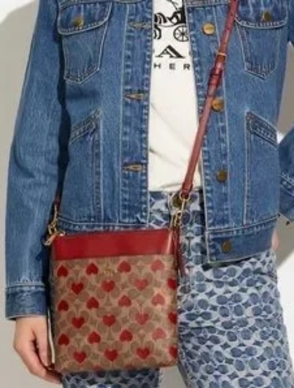 Coach Brown Signature Crossbody with Red Heart Print